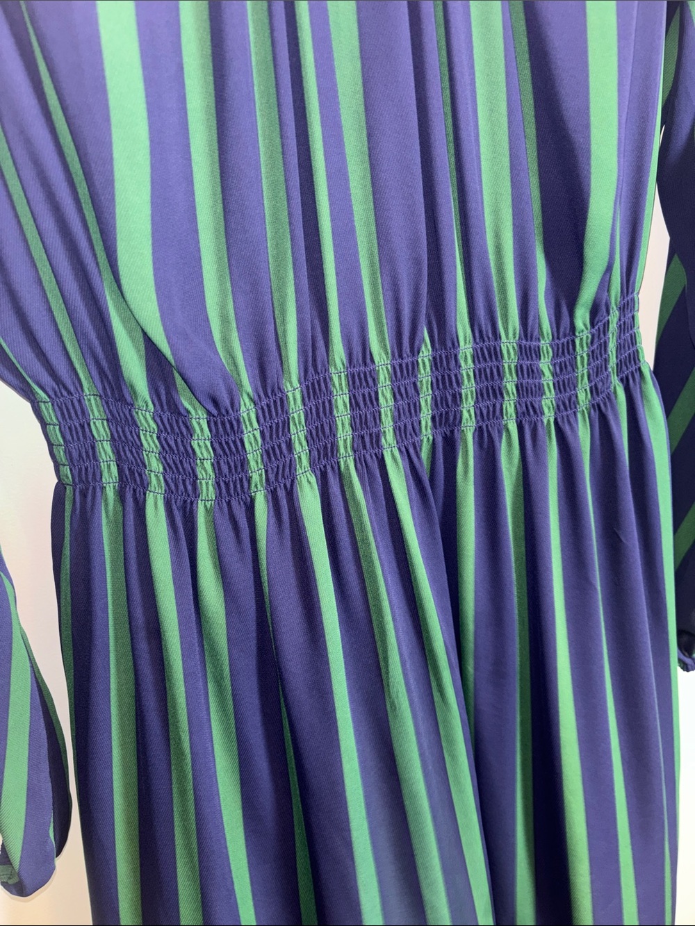 Ann Taylor Vertical Navy & Green Striped Blouson Sleeve Dress - Picture 8 of 12